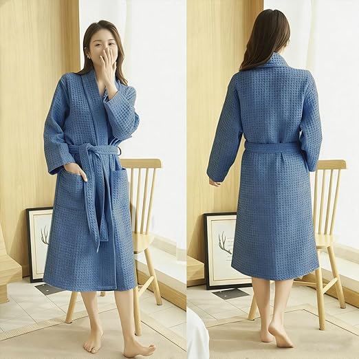 Cotton Waffle Weave Bathrobe Free Size Spa Robe Blue - Image 3