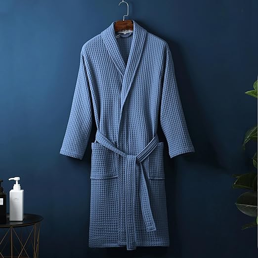 Cotton Waffle Weave Bathrobe Free Size Spa Robe Blue - Image 6