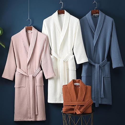 Cotton Waffle Weave Bathrobe Free Size Spa Robe Blue - Image 2